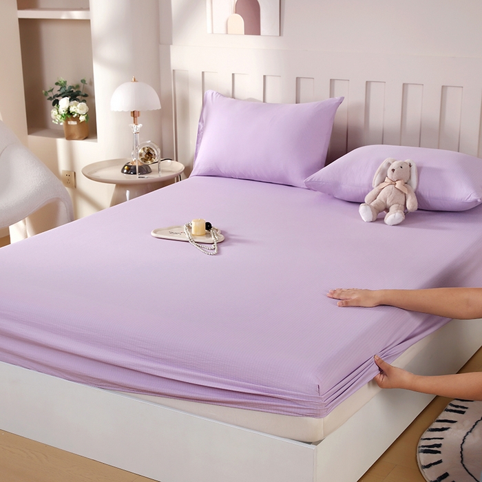 91家纺网 家纺一手货源 找家纺 一诺家居 2025新款A类云感双层纱纯色床笠针织棉母婴级裸睡床笠三件套 量大可优惠 熏衣紫