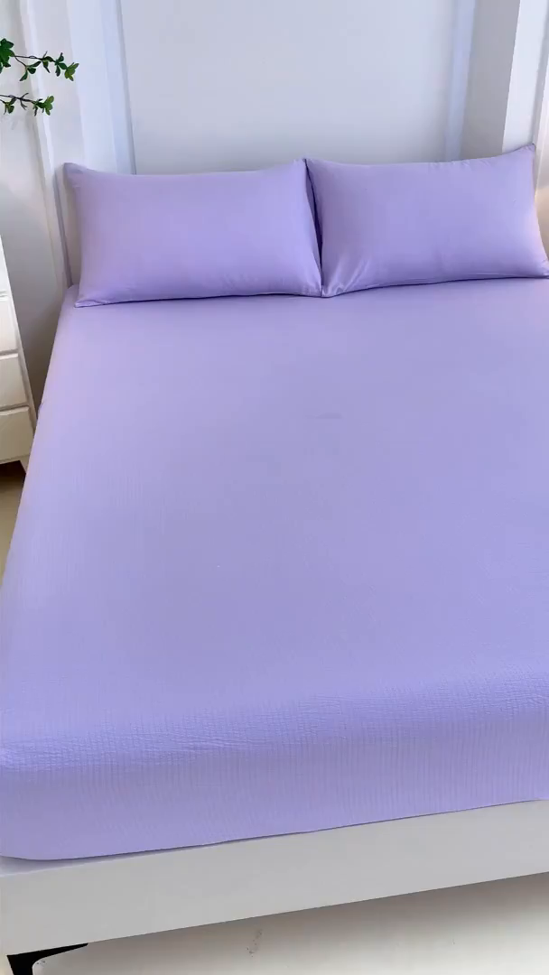 91家纺网 家纺一手货源 找家纺 一诺家居 2025新款A类云感双层纱纯色床笠针织棉母婴级裸睡床笠三件套 量大可优惠 熏衣紫