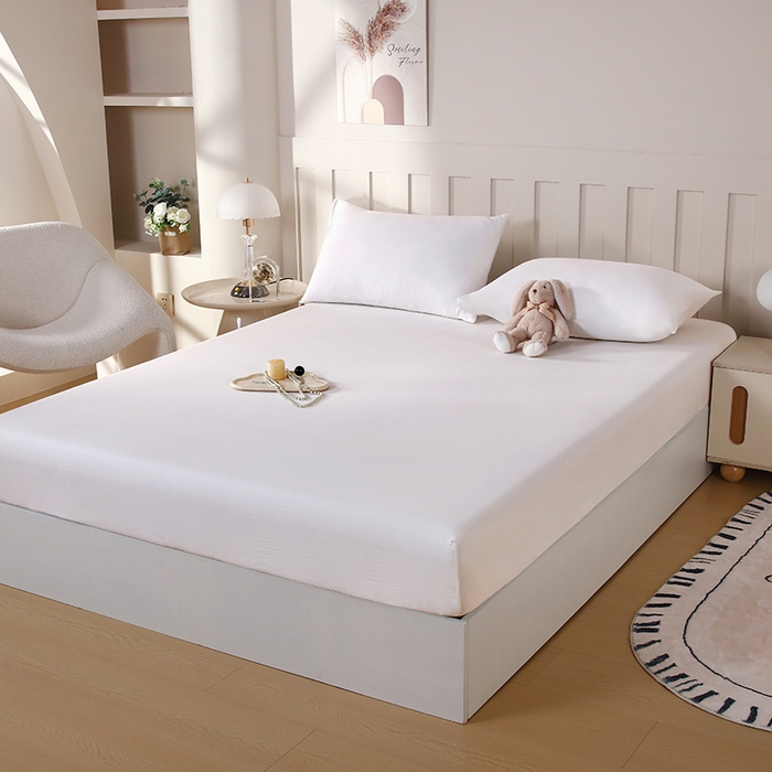 91家纺网 家纺一手货源 找家纺 一诺家居 2025新款A类云感双层纱纯色床笠针织棉母婴级裸睡床笠三件套 量大可优惠 珍珠白