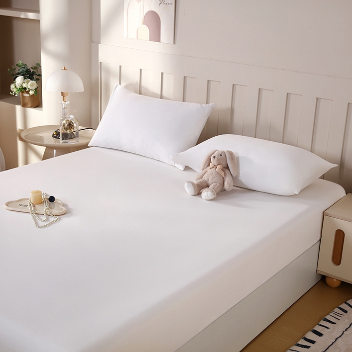 91家纺网 家纺一手货源 找家纺 一诺家居 2025新款A类云感双层纱纯色床笠针织棉母婴级裸睡床笠三件套 量大可优惠 珍珠白