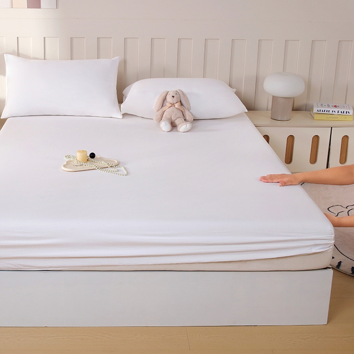 91家纺网 家纺一手货源 找家纺 一诺家居 2025新款A类云感双层纱纯色床笠针织棉母婴级裸睡床笠三件套 量大可优惠 珍珠白