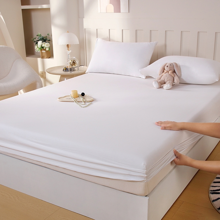 91家纺网 家纺一手货源 找家纺 一诺家居 2025新款A类云感双层纱纯色床笠针织棉母婴级裸睡床笠三件套 量大可优惠 珍珠白