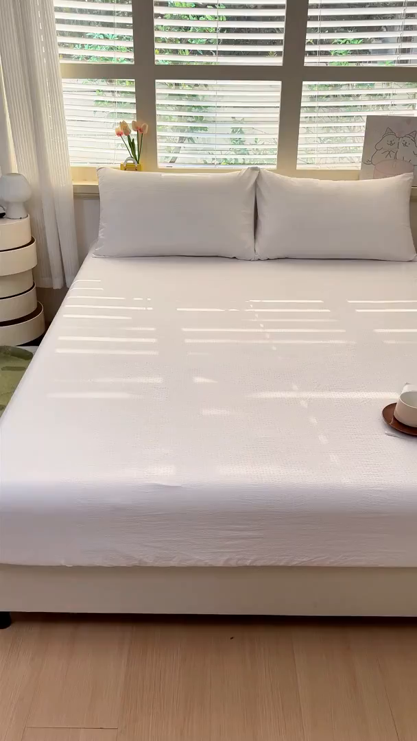 91家纺网 家纺一手货源 找家纺 一诺家居 2025新款A类云感双层纱纯色床笠针织棉母婴级裸睡床笠三件套 量大可优惠 珍珠白