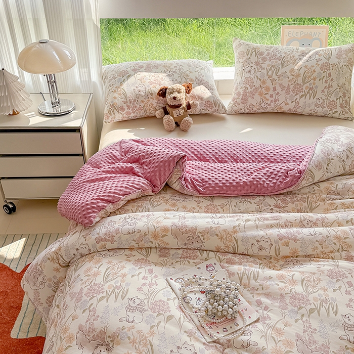 91家纺网 家纺一手货源 找家纺 天瑜家纺 2025新款针织棉豆豆绒大豆被冬被被子被芯 花丛猫咪