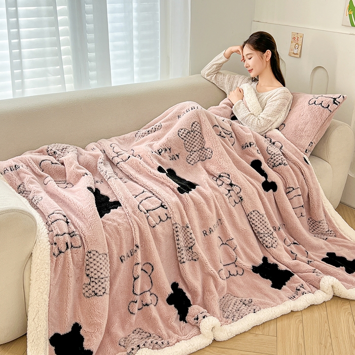 欧邦 2025新款A类舒棉绒毛毯盖毯毯子-可可熊 可可熊-浅粉