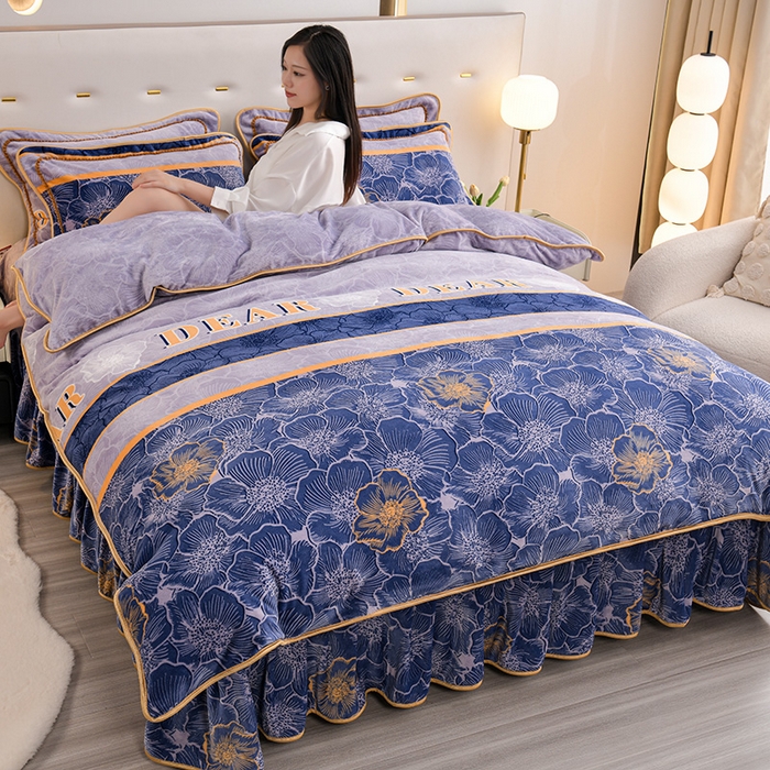 赫本 2025新品8斤爆品牛奶绒四件套床裙款金雕绒法莱绒四套件 漫丽