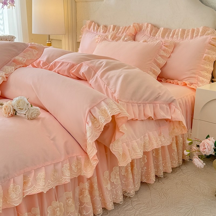 91家纺网 家纺一手货源 找家纺 后庭寝室 2025新款亲肤花边蕾丝床裙四件套-繁花似锦系列 繁花似锦-玉色