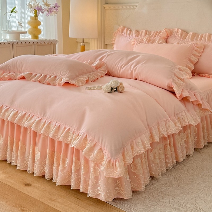 91家纺网 家纺一手货源 找家纺 后庭寝室 2025新款亲肤花边蕾丝床裙四件套-繁花似锦系列 繁花似锦-玉色