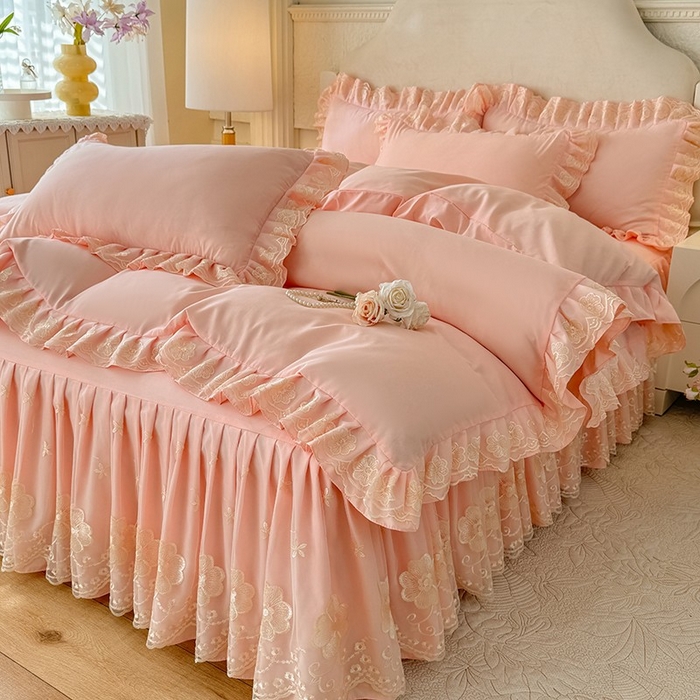 91家纺网 家纺一手货源 找家纺 后庭寝室 2025新款亲肤花边蕾丝床裙四件套-繁花似锦系列 繁花似锦-玉色