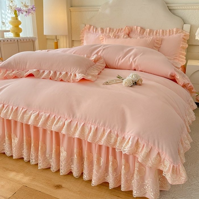 91家纺网 家纺一手货源 找家纺 后庭寝室 2025新款亲肤花边蕾丝床裙四件套-繁花似锦系列 繁花似锦-玉色