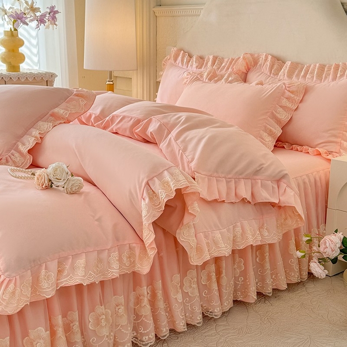 91家纺网 家纺一手货源 找家纺 后庭寝室 2025新款亲肤花边蕾丝床裙四件套-繁花似锦系列 繁花似锦-玉色