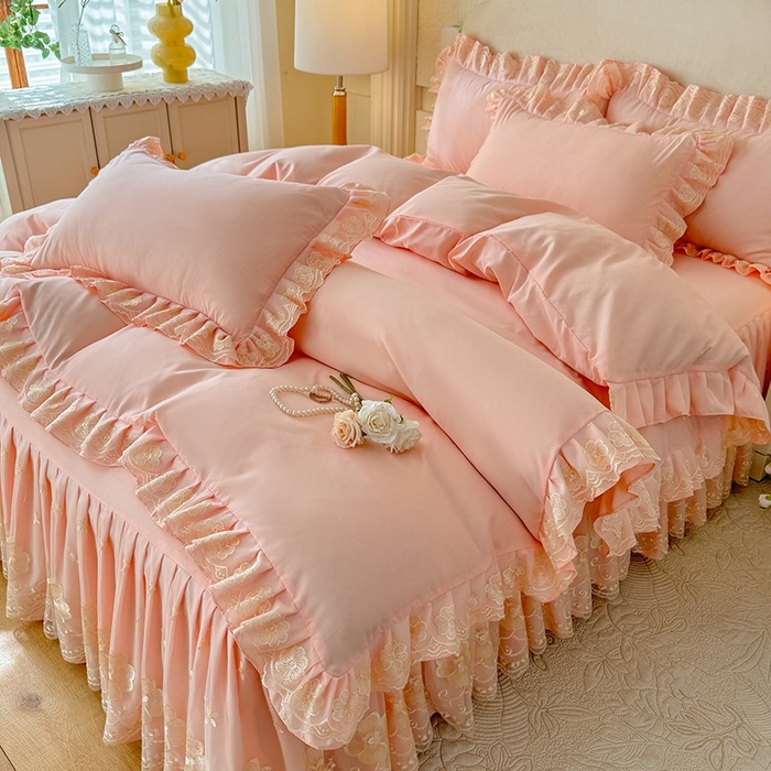 91家纺网 家纺一手货源 找家纺 后庭寝室 2025新款亲肤花边蕾丝床裙四件套-繁花似锦系列 繁花似锦-玉色