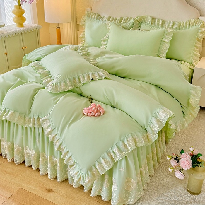 91家纺网 家纺一手货源 找家纺 后庭寝室 2025新款亲肤花边蕾丝床裙四件套-繁花似锦系列 繁花似锦-嫩绿