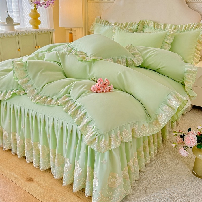 91家纺网 家纺一手货源 找家纺 后庭寝室 2025新款亲肤花边蕾丝床裙四件套-繁花似锦系列 繁花似锦-嫩绿