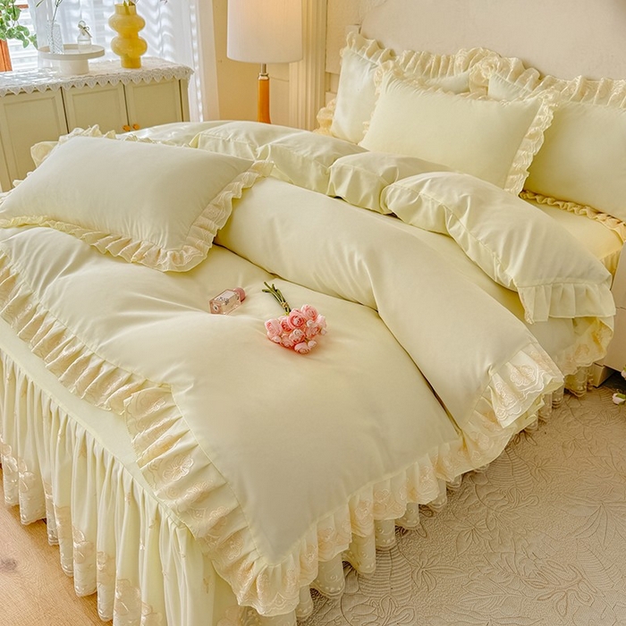 91家纺网 家纺一手货源 找家纺 后庭寝室 2025新款亲肤花边蕾丝床裙四件套-繁花似锦系列 繁花似锦-米黄