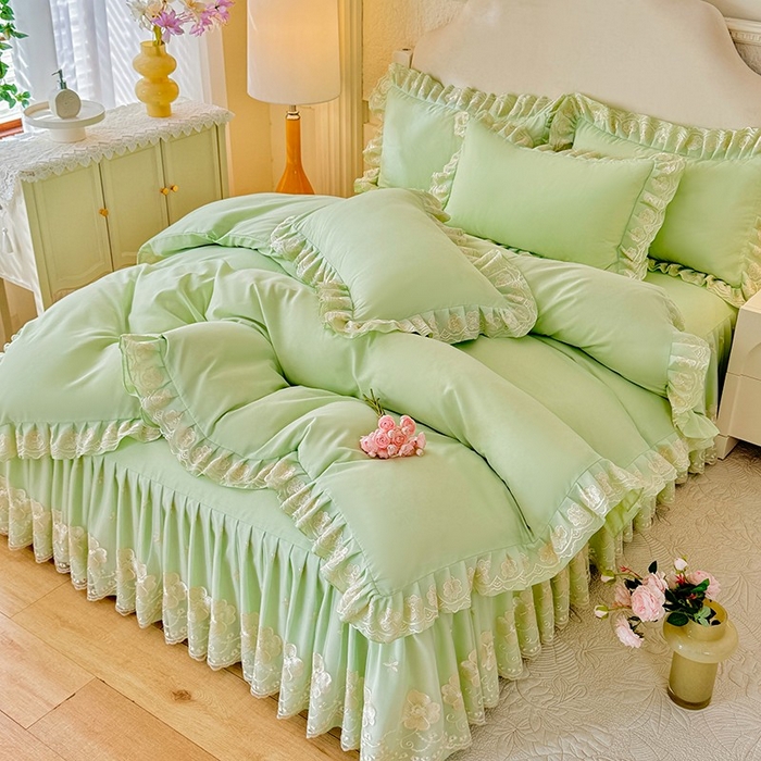 91家纺网 家纺一手货源 找家纺 后庭寝室 2025新款亲肤花边蕾丝床裙四件套-繁花似锦系列 繁花似锦-嫩绿