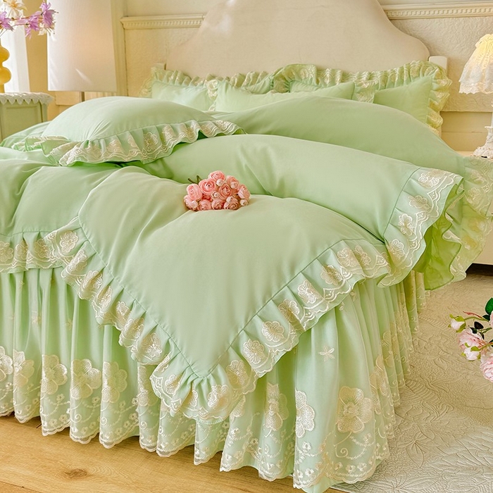 91家纺网 家纺一手货源 找家纺 后庭寝室 2025新款亲肤花边蕾丝床裙四件套-繁花似锦系列 繁花似锦-嫩绿