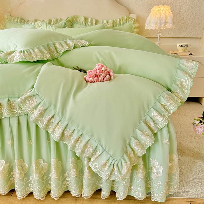 91家纺网 家纺一手货源 找家纺 后庭寝室 2025新款亲肤花边蕾丝床裙四件套-繁花似锦系列 繁花似锦-嫩绿