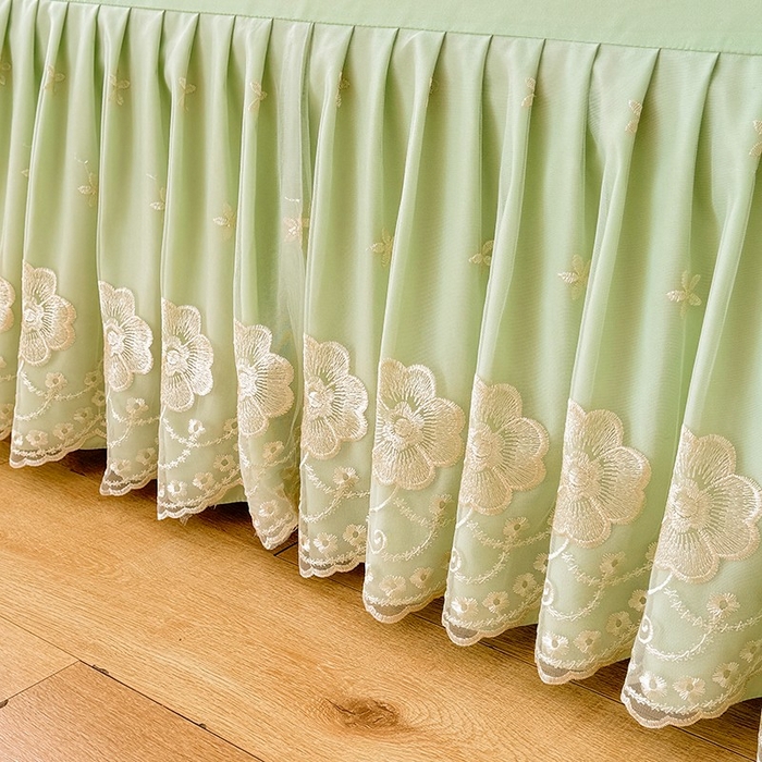 91家纺网 家纺一手货源 找家纺 后庭寝室 2025新款亲肤花边蕾丝床裙四件套-繁花似锦系列 繁花似锦-嫩绿