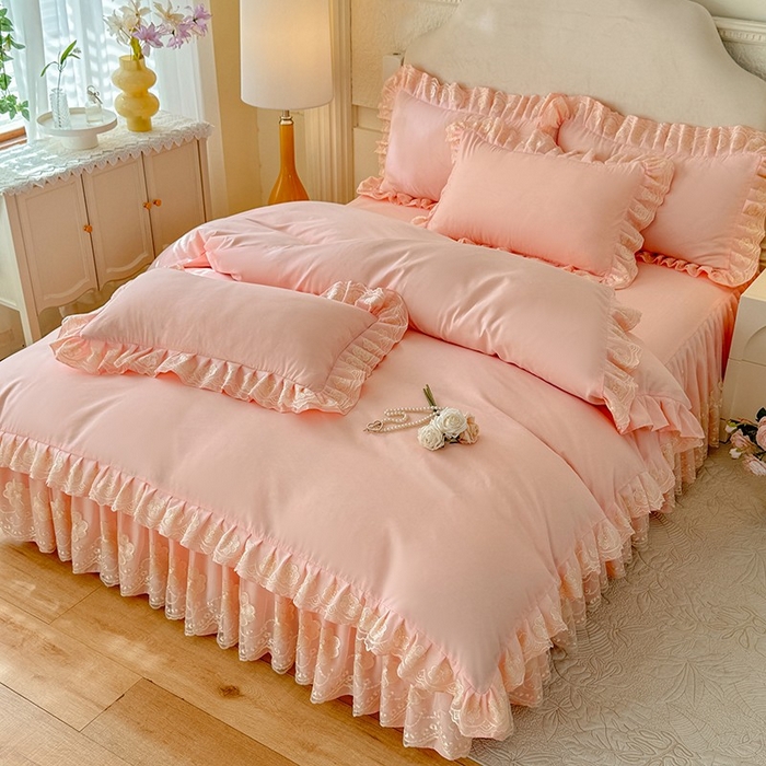 91家纺网 家纺一手货源 找家纺 后庭寝室 2025新款亲肤花边蕾丝床裙四件套-繁花似锦系列 繁花似锦-玉色