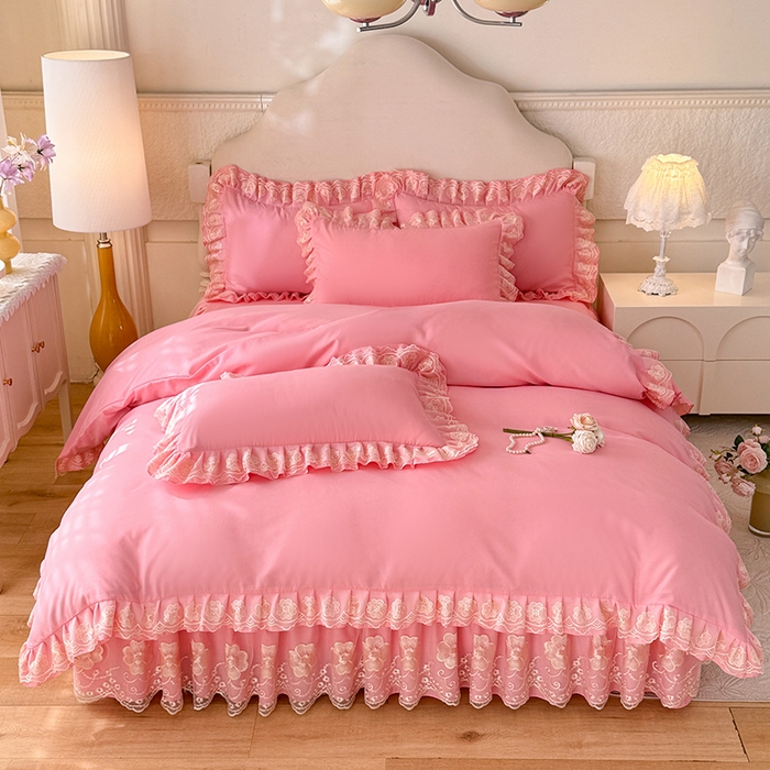 91家纺网 家纺一手货源 找家纺 后庭寝室 2025新款亲肤花边蕾丝床裙四件套-繁花似锦系列 繁花似锦-粉玉