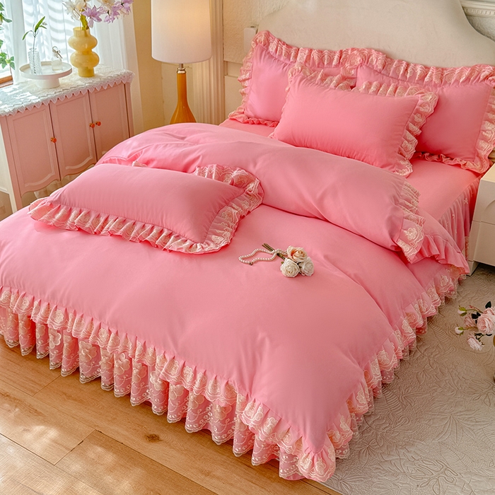 91家纺网 家纺一手货源 找家纺 后庭寝室 2025新款亲肤花边蕾丝床裙四件套-繁花似锦系列 繁花似锦-粉玉