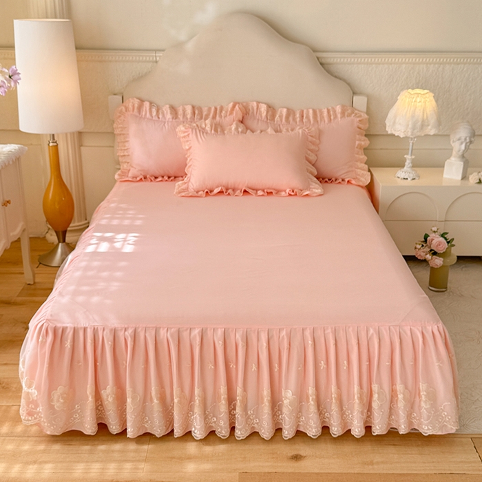 91家纺网 家纺一手货源 找家纺 后庭寝室 2025新款亲肤花边蕾丝床裙四件套-繁花似锦系列 繁花似锦-玉色