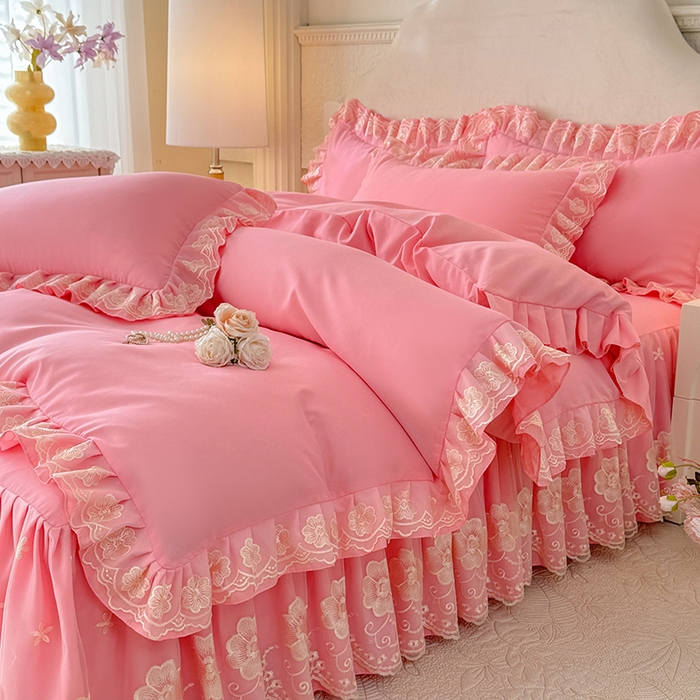 91家纺网 家纺一手货源 找家纺 后庭寝室 2025新款亲肤花边蕾丝床裙四件套-繁花似锦系列 繁花似锦-粉玉