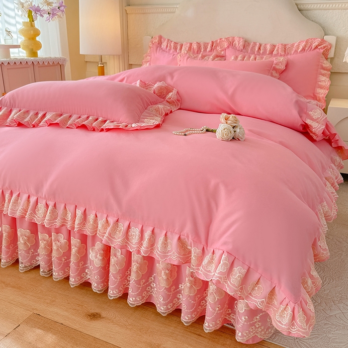 91家纺网 家纺一手货源 找家纺 后庭寝室 2025新款亲肤花边蕾丝床裙四件套-繁花似锦系列 繁花似锦-粉玉