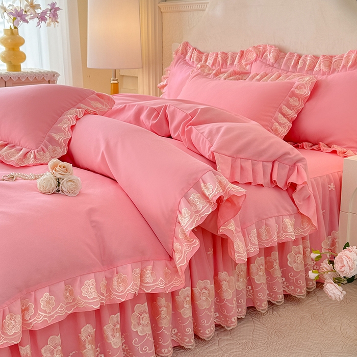 91家纺网 家纺一手货源 找家纺 后庭寝室 2025新款亲肤花边蕾丝床裙四件套-繁花似锦系列 繁花似锦-粉玉