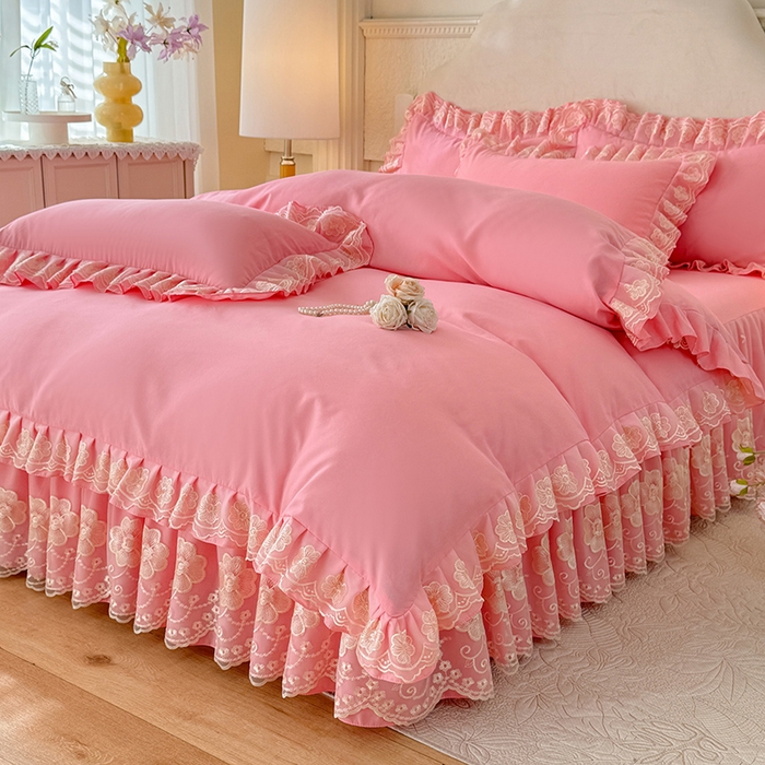 91家纺网 家纺一手货源 找家纺 后庭寝室 2025新款亲肤花边蕾丝床裙四件套-繁花似锦系列 繁花似锦-粉玉