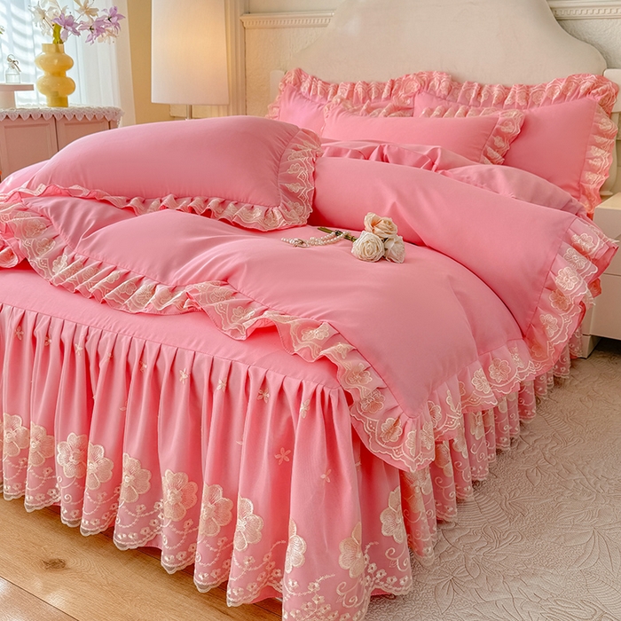 91家纺网 家纺一手货源 找家纺 后庭寝室 2025新款亲肤花边蕾丝床裙四件套-繁花似锦系列 繁花似锦-粉玉