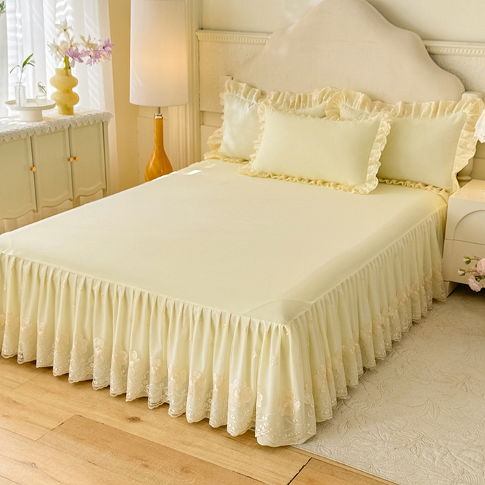 91家纺网 家纺一手货源 找家纺 后庭寝室 2025新款亲肤花边蕾丝床裙四件套-繁花似锦系列 繁花似锦-米黄