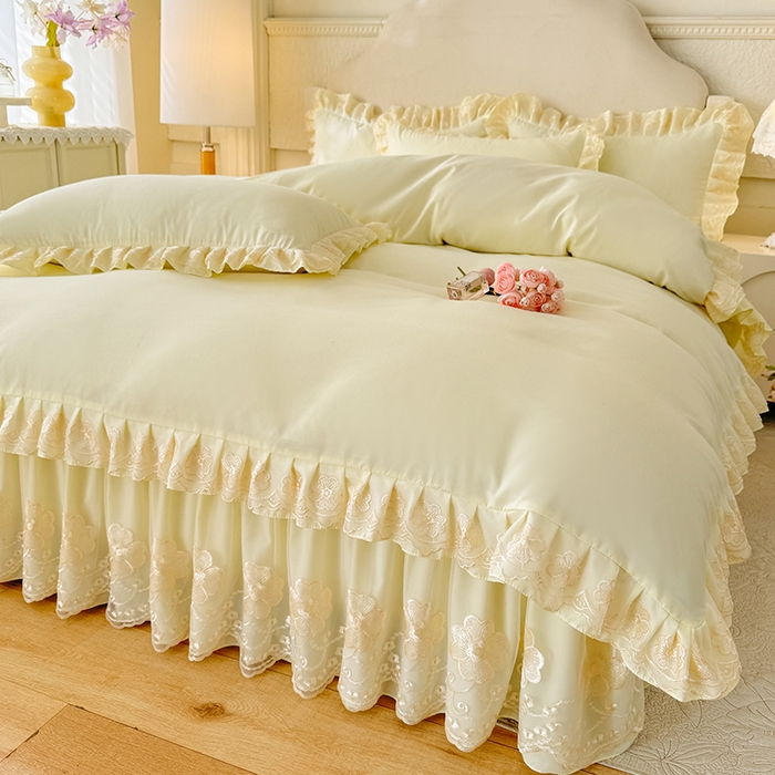 91家纺网 家纺一手货源 找家纺 后庭寝室 2025新款亲肤花边蕾丝床裙四件套-繁花似锦系列 繁花似锦-米黄