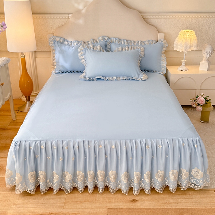 91家纺网 家纺一手货源 找家纺 后庭寝室 2025新款亲肤花边蕾丝床裙四件套-繁花似锦系列 繁花似锦-浅蓝