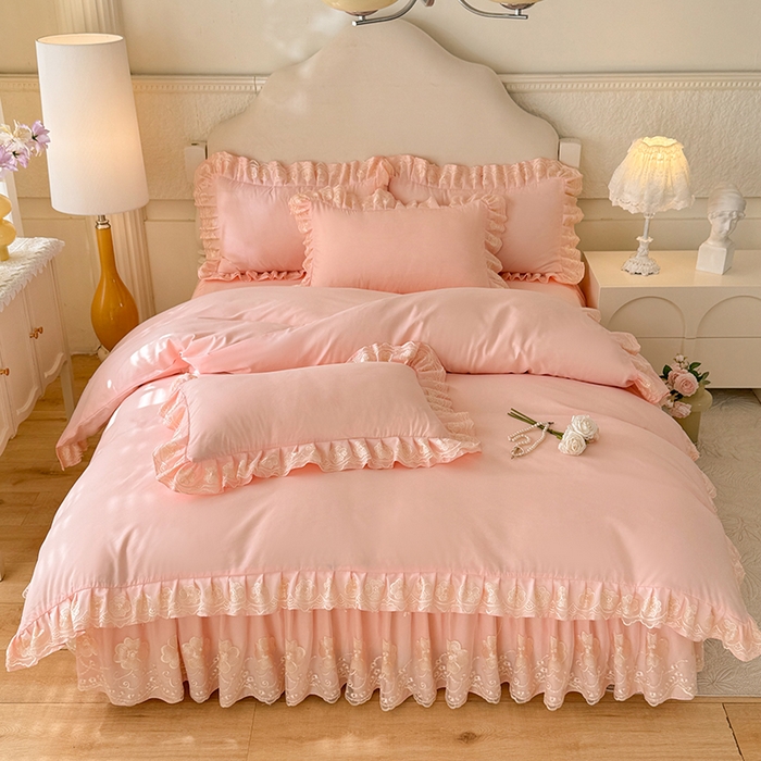 91家纺网 家纺一手货源 找家纺 后庭寝室 2025新款亲肤花边蕾丝床裙四件套-繁花似锦系列 繁花似锦-玉色