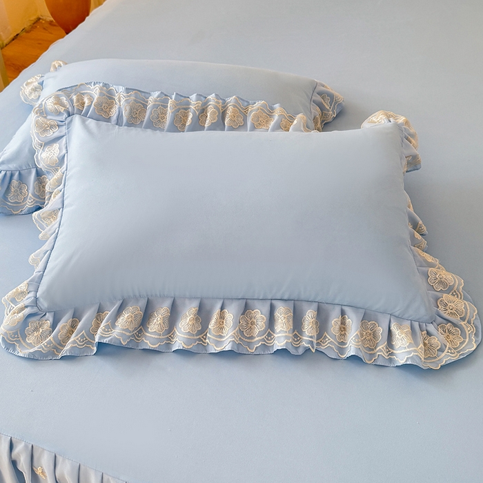 91家纺网 家纺一手货源 找家纺 后庭寝室 2025新款亲肤花边蕾丝床裙四件套-繁花似锦系列 繁花似锦-浅蓝