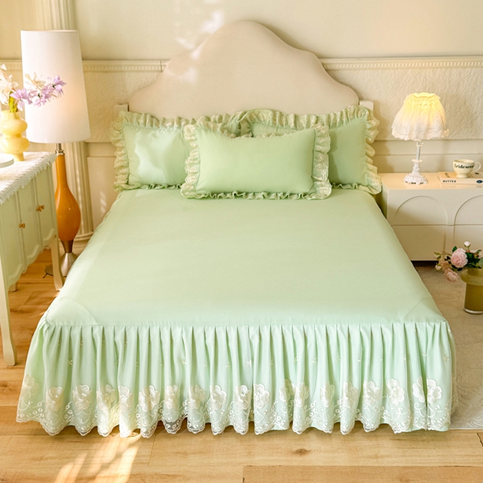 91家纺网 家纺一手货源 找家纺 后庭寝室 2025新款亲肤花边蕾丝床裙四件套-繁花似锦系列 繁花似锦-嫩绿