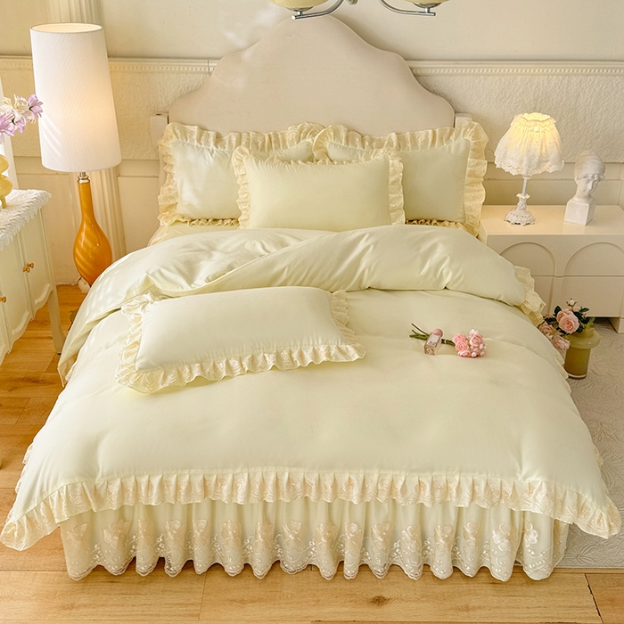 91家纺网 家纺一手货源 找家纺 后庭寝室 2025新款亲肤花边蕾丝床裙四件套-繁花似锦系列 繁花似锦-米黄