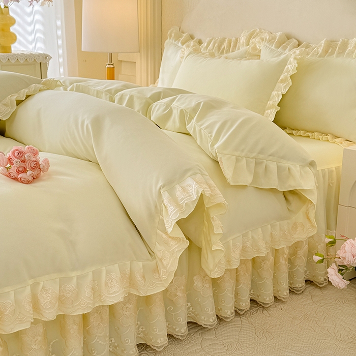 91家纺网 家纺一手货源 找家纺 后庭寝室 2025新款亲肤花边蕾丝床裙四件套-繁花似锦系列 繁花似锦-米黄