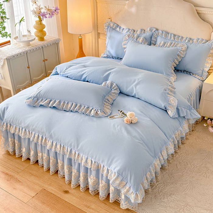 91家纺网 家纺一手货源 找家纺 后庭寝室 2025新款亲肤花边蕾丝床裙四件套-繁花似锦系列 繁花似锦-浅蓝