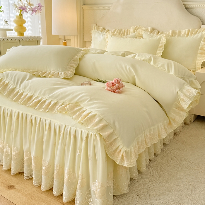 91家纺网 家纺一手货源 找家纺 后庭寝室 2025新款亲肤花边蕾丝床裙四件套-繁花似锦系列 繁花似锦-米黄