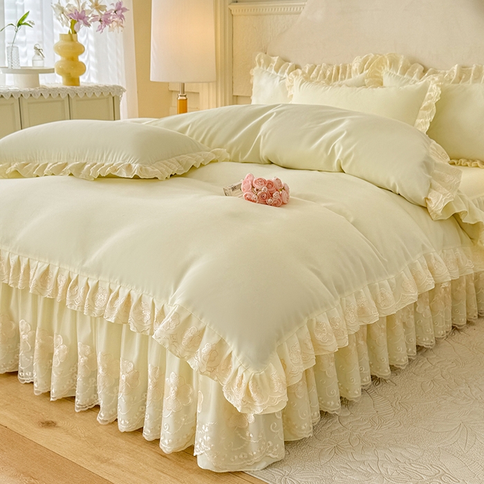 91家纺网 家纺一手货源 找家纺 后庭寝室 2025新款亲肤花边蕾丝床裙四件套-繁花似锦系列 繁花似锦-米黄