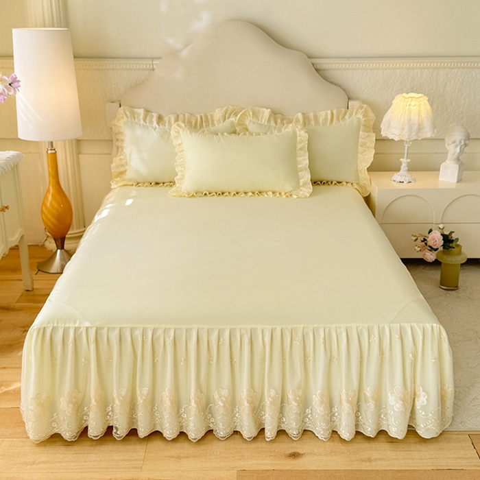 91家纺网 家纺一手货源 找家纺 后庭寝室 2025新款亲肤花边蕾丝床裙四件套-繁花似锦系列 繁花似锦-米黄