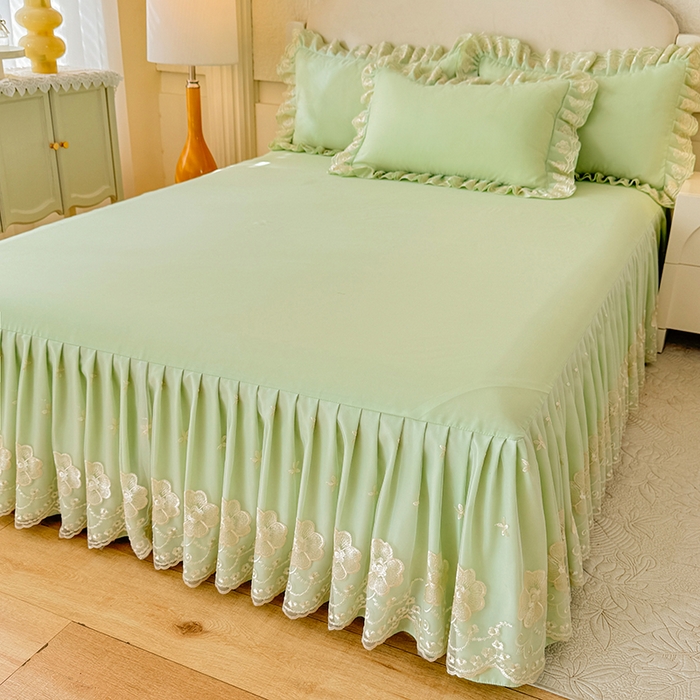 91家纺网 家纺一手货源 找家纺 后庭寝室 2025新款亲肤花边蕾丝床裙四件套-繁花似锦系列 繁花似锦-嫩绿