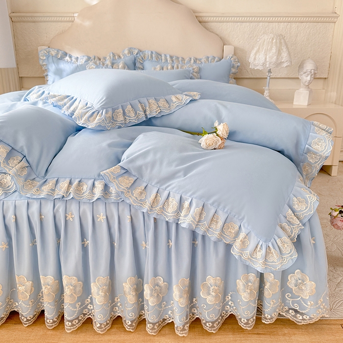 91家纺网 家纺一手货源 找家纺 后庭寝室 2025新款亲肤花边蕾丝床裙四件套-繁花似锦系列 繁花似锦-浅蓝