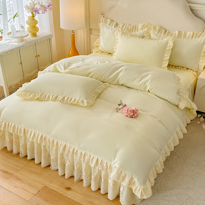 91家纺网 家纺一手货源 找家纺 后庭寝室 2025新款亲肤花边蕾丝床裙四件套-繁花似锦系列 繁花似锦-米黄