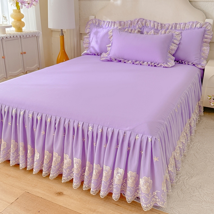 91家纺网 家纺一手货源 找家纺 后庭寝室 2025新款亲肤花边蕾丝床裙四件套-繁花似锦系列 繁花似锦-浅紫