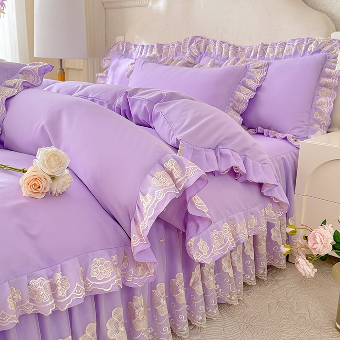 91家纺网 家纺一手货源 找家纺 后庭寝室 2025新款亲肤花边蕾丝床裙四件套-繁花似锦系列 繁花似锦-浅紫