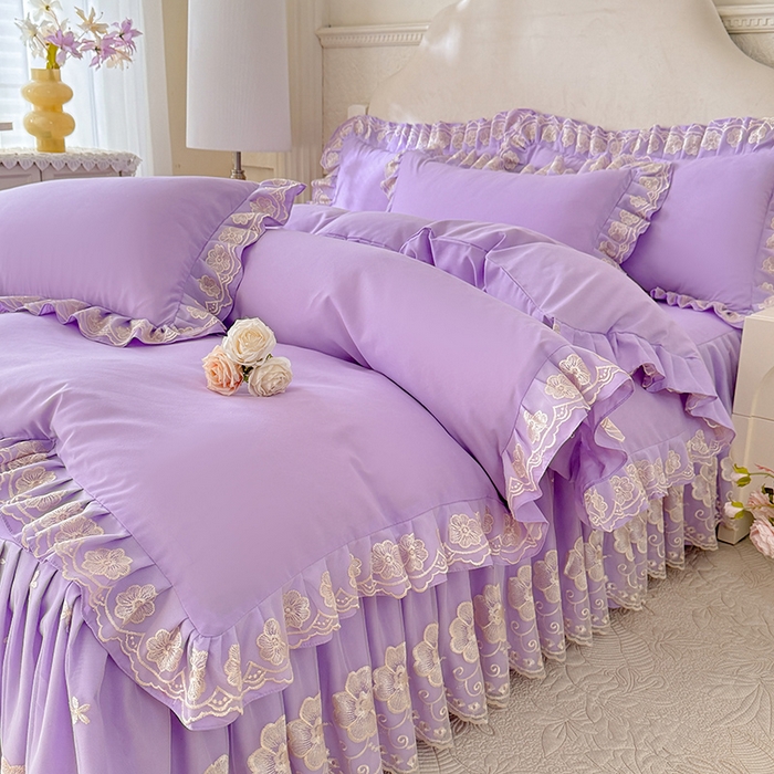 91家纺网 家纺一手货源 找家纺 后庭寝室 2025新款亲肤花边蕾丝床裙四件套-繁花似锦系列 繁花似锦-浅紫